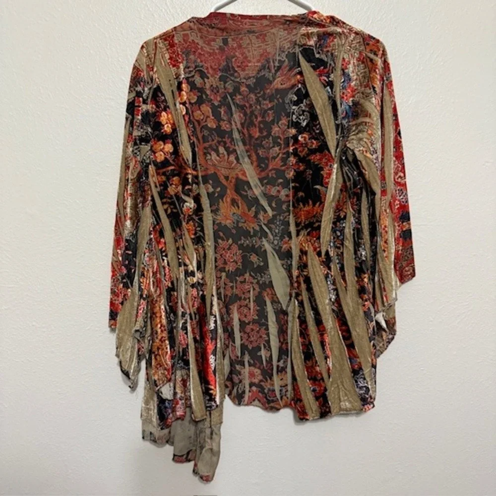 Boho Velvet Floral Kimono Cardigan Gold Rust Open Front Wrap Large Whimsigoth